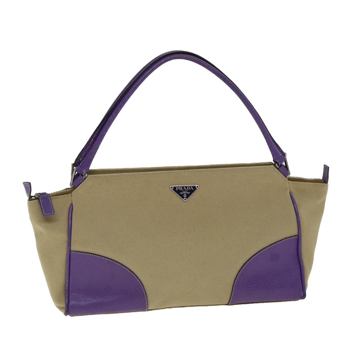 PRD Hand Bag Canvas Purple Beige Auth bs14396