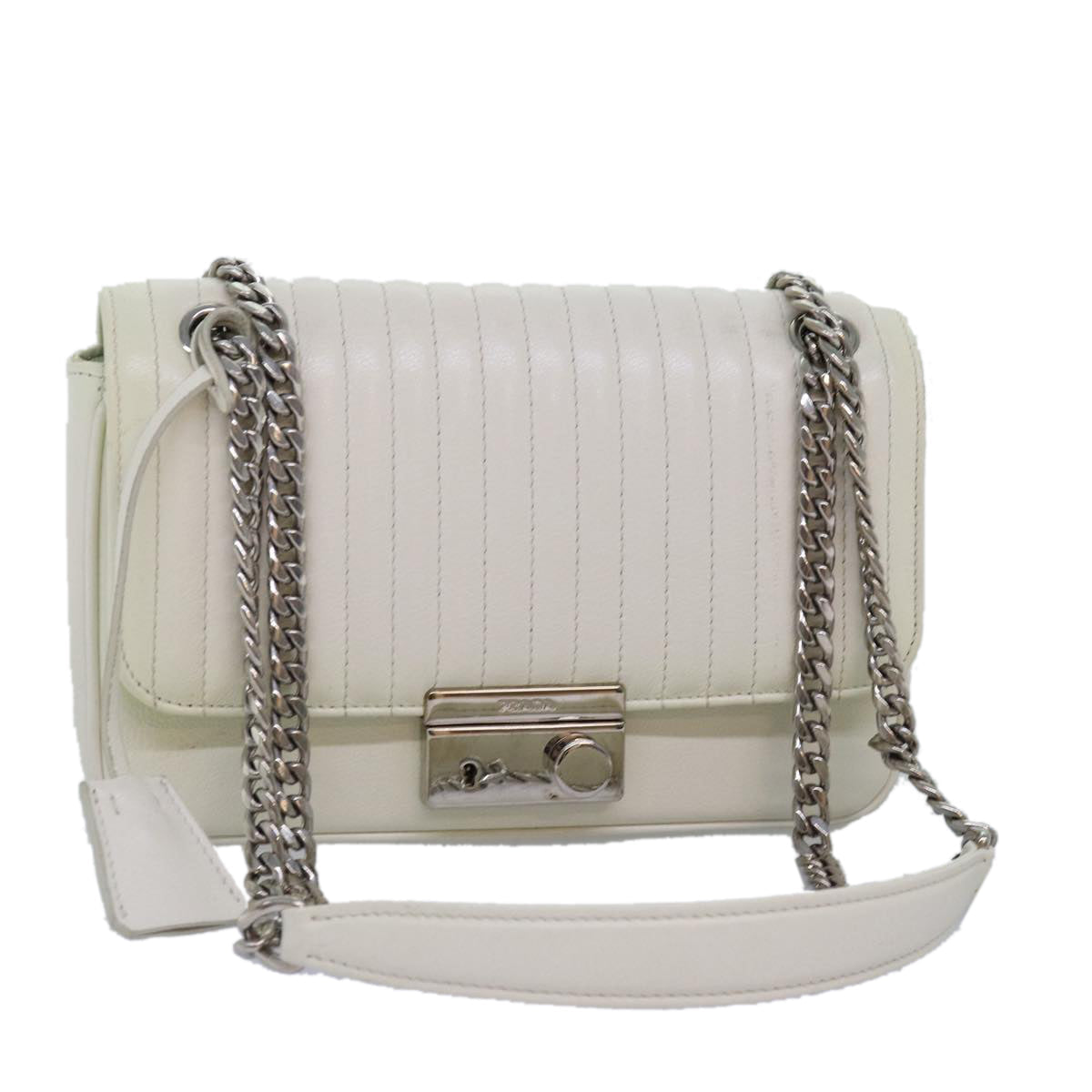 PRD Chain Shoulder Bag Leather White Auth bs14567