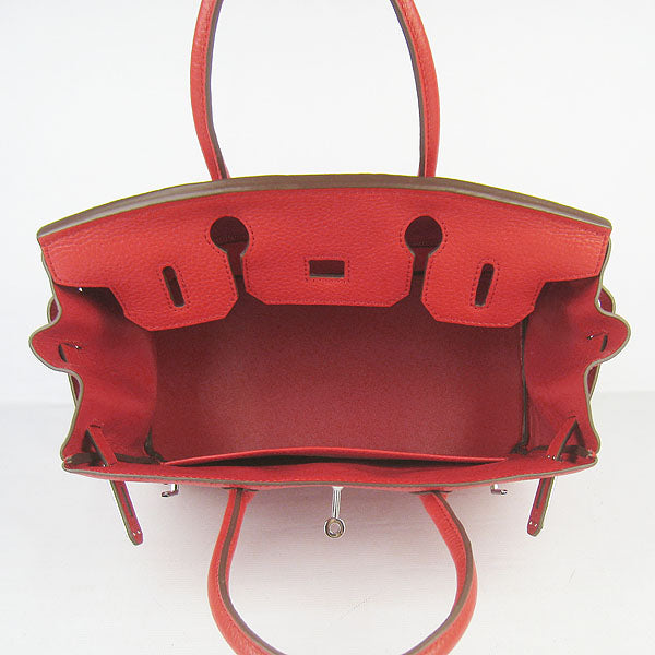 HMS Birkin 30cm Togo Leather Handbags Red Silver