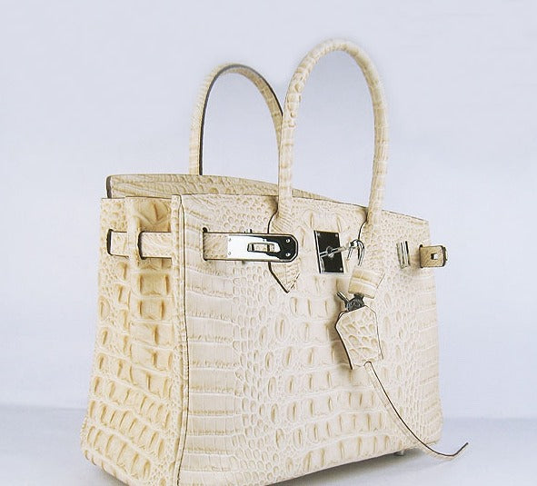 HMS Birkin 30cm Crocodile Head Vein Handbags Beige Silver