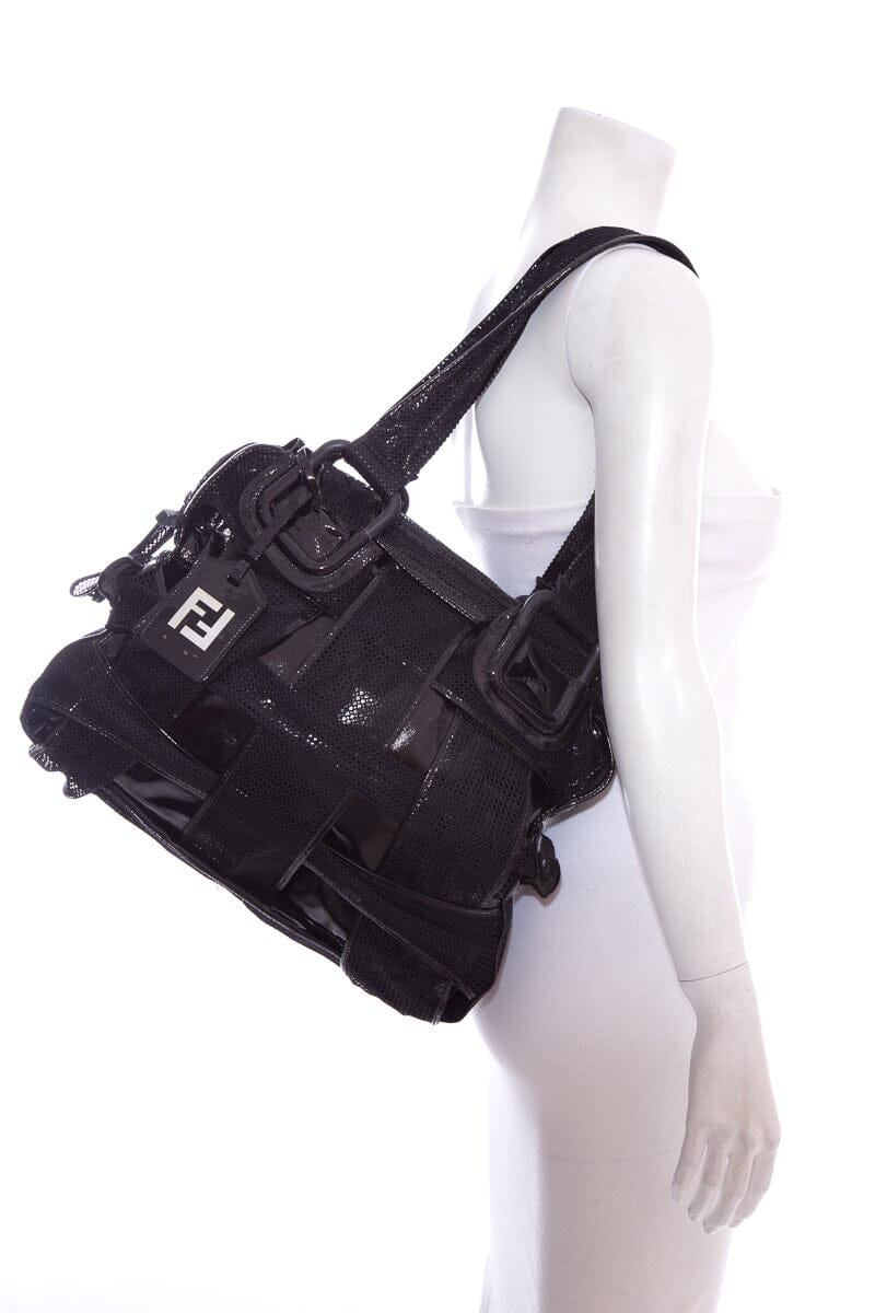 FNDI CROSSWORDS Black Woven Mesh Tote