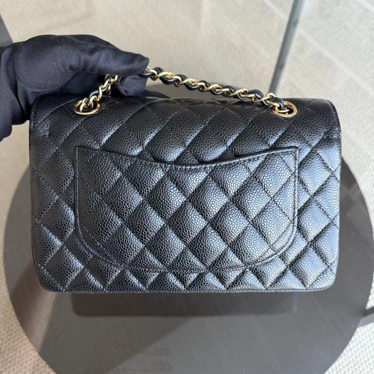 *Microchip, Full Set Receipt* CH Small Caviar Classic Flap Quilted Black Golden Hardware