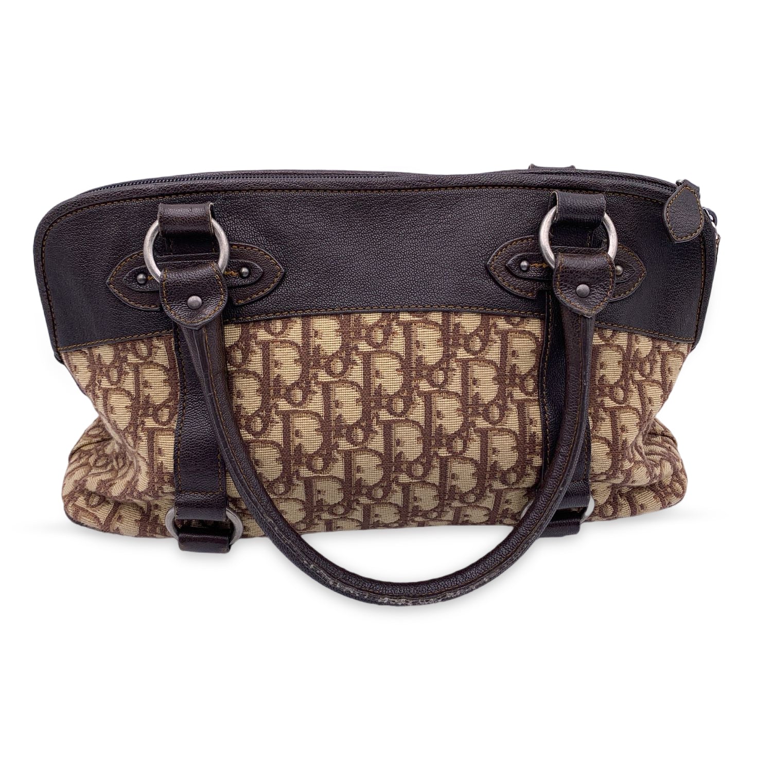 CHRISTIAN D1OR Brown Logo Oblique Canvas Satchel Shoulder Bag