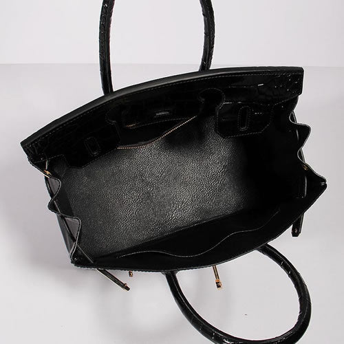 HMS Birkin 30cm Crocodile Leather Bag With Strap Black Gold