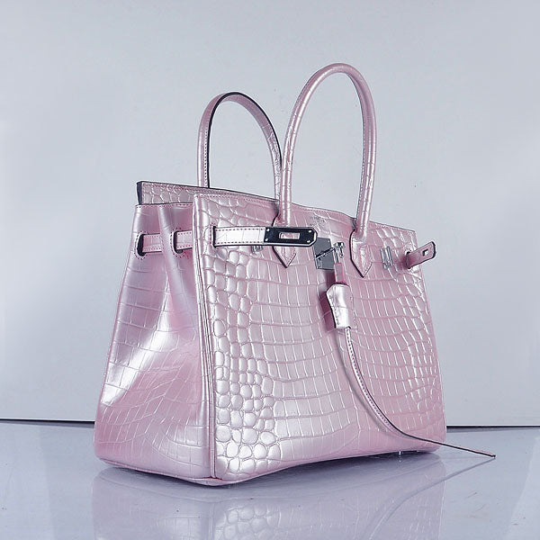 HMS Birkin 35cm 6089 New Crocodile Vein Handbags Pink Silver
