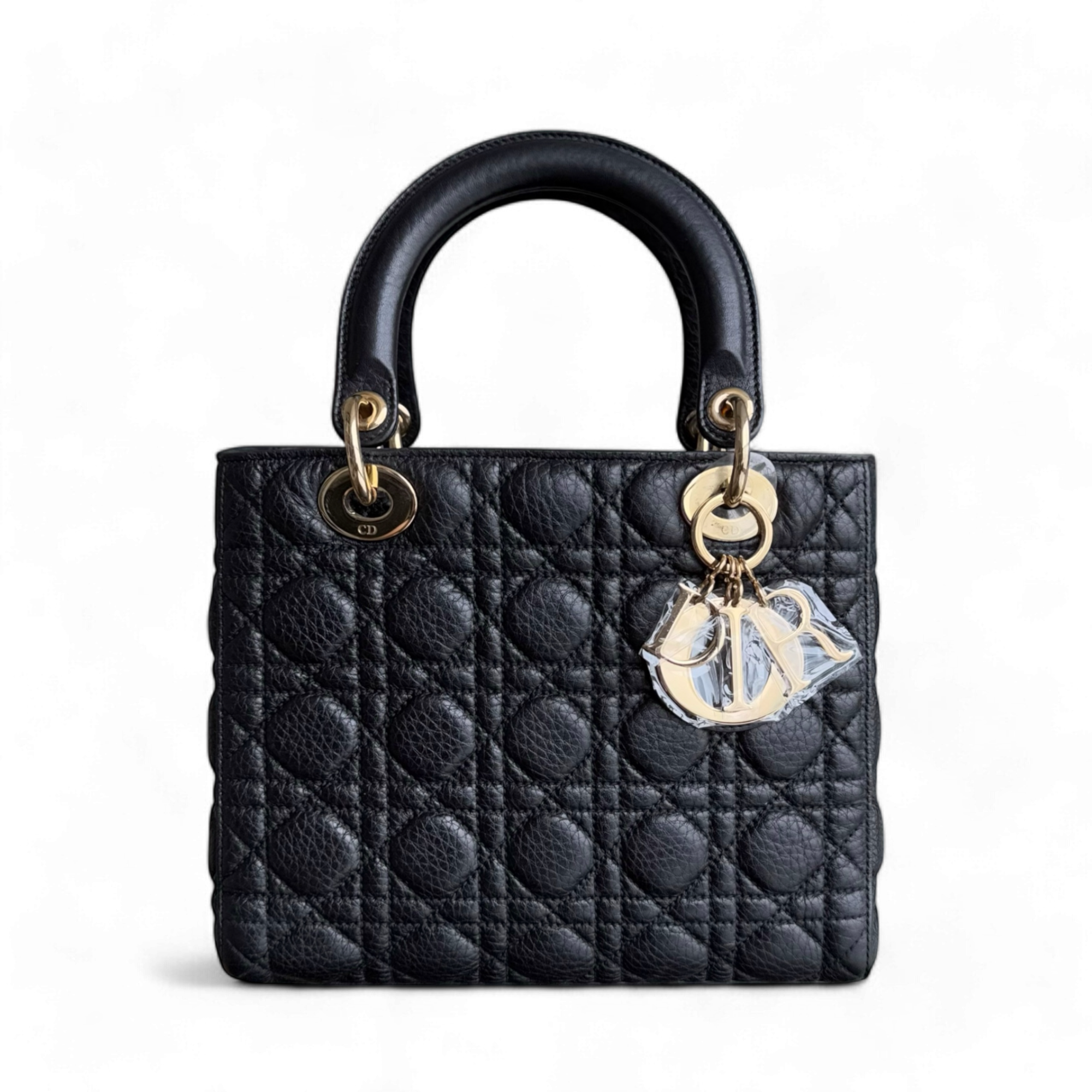 *No Strap* D1OR Lady Flap Medium - Grained Calfskin Cannage Flap Open Black Gold Hardware