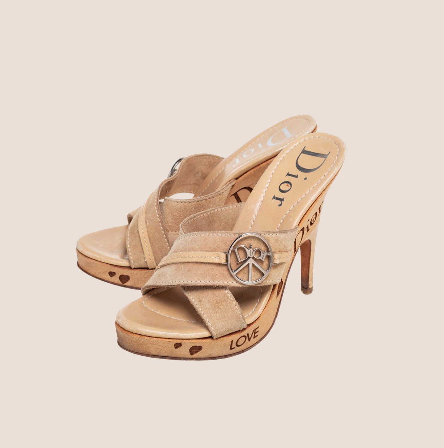 CHRISTIAN D1OR BROWN SUEDE PEACE LOGO PLATFORM HEELS