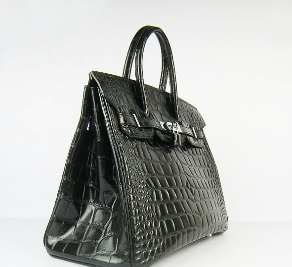 HMS Birkin 35cm Crocodile Big Veins Handbags Black Silver