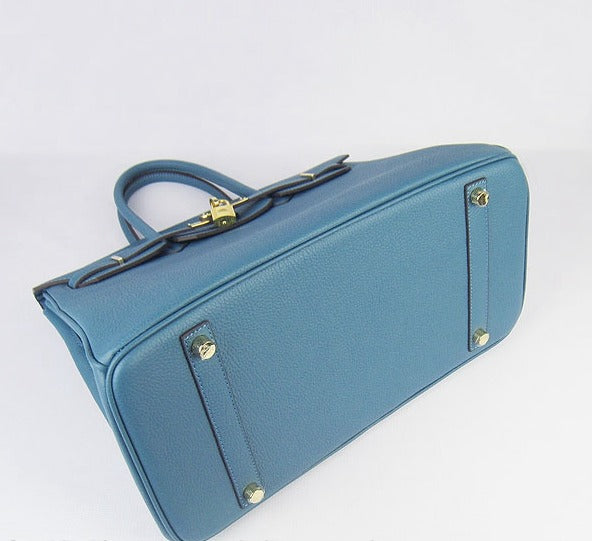 HMS Birkin 35cm Cattle Skin Vein Handbags Blue Golden