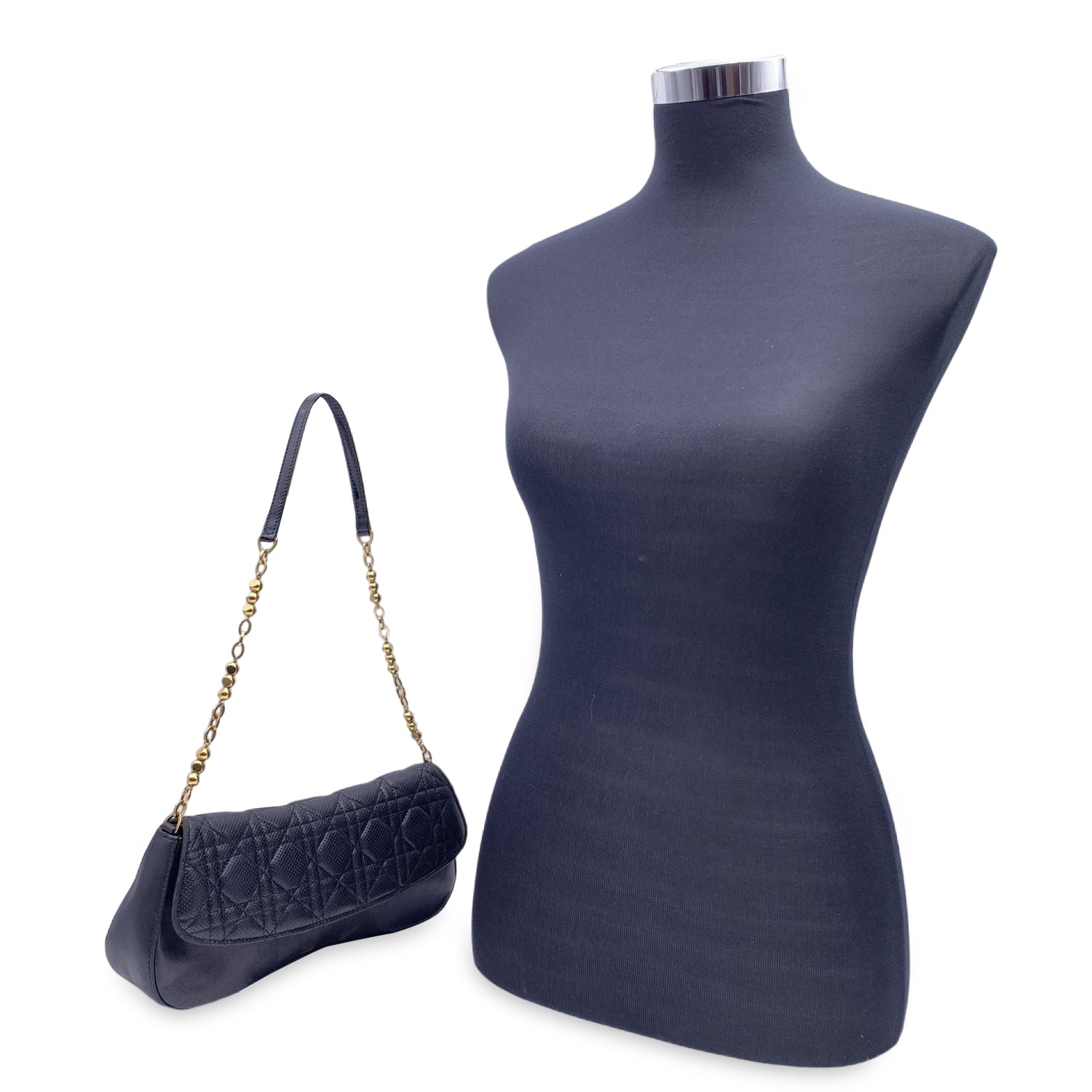 CHRISTIAN D1OR Black Perforated Leather Cannage Chain Shoulder Bag