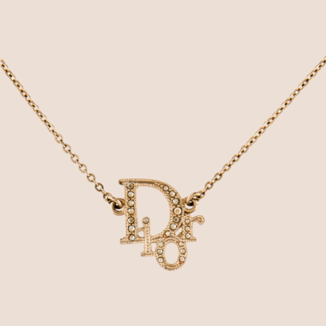 CHRISTIAN D1OR 2000s GOLD CRYSTAL LOGO NECKLACE