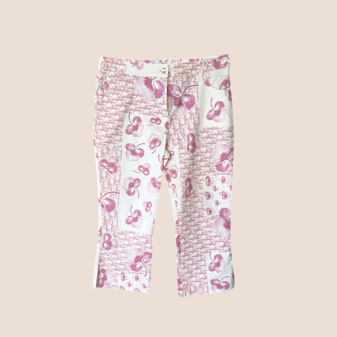 CHRISTIAN D1OR 2005 PINK CHERRY BLOSSOM PRINT CROPPED PANTS