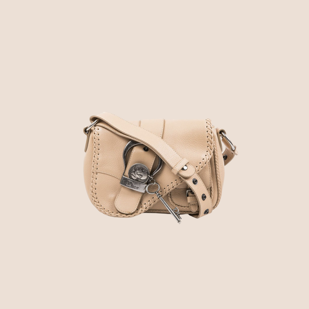 CHRISTIAN D1OR BEIGE PEBBLED CALFSKIN MINI GAUCHO CROSSBODY BAG
