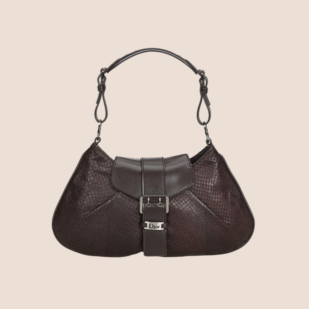 CHRISTIAN D1OR 2002 BROWN SNAKESKIN BUCKLE FLAP BAG