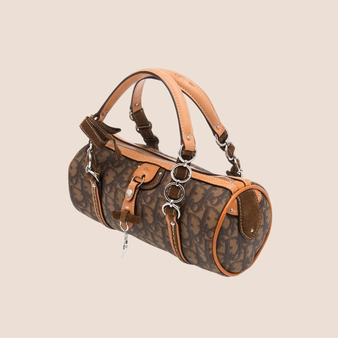 CHRISTIAN D1OR BROWN TROTTER ROMANTIQUE MINI BARREL BAG