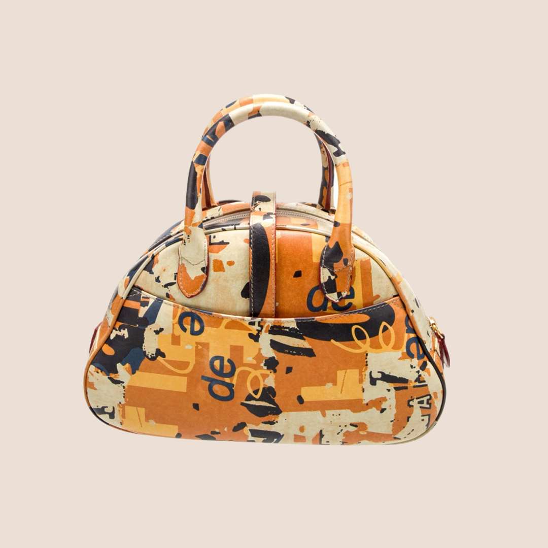 CHRISTIAN D1OR 2001 ORANGE PRINTED DOUBLE SADDLE BOWLER BAG