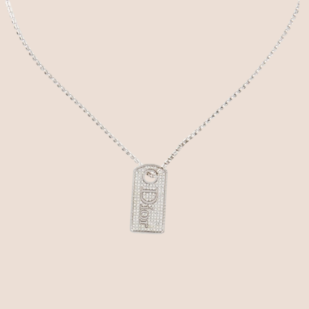 CHRISTIAN D1OR 2000s SILVER RHINESTONE DOG TAG NECKLACE