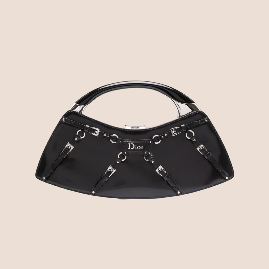 CHRISTIAN D1OR 2003 FALL BLACK LEATHER MINI BONDAGE CLUTCH