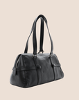 CHRISTIAN D1OR BLACK LEATHER LOGO SPELL OUT CHARM BOSTON BAG