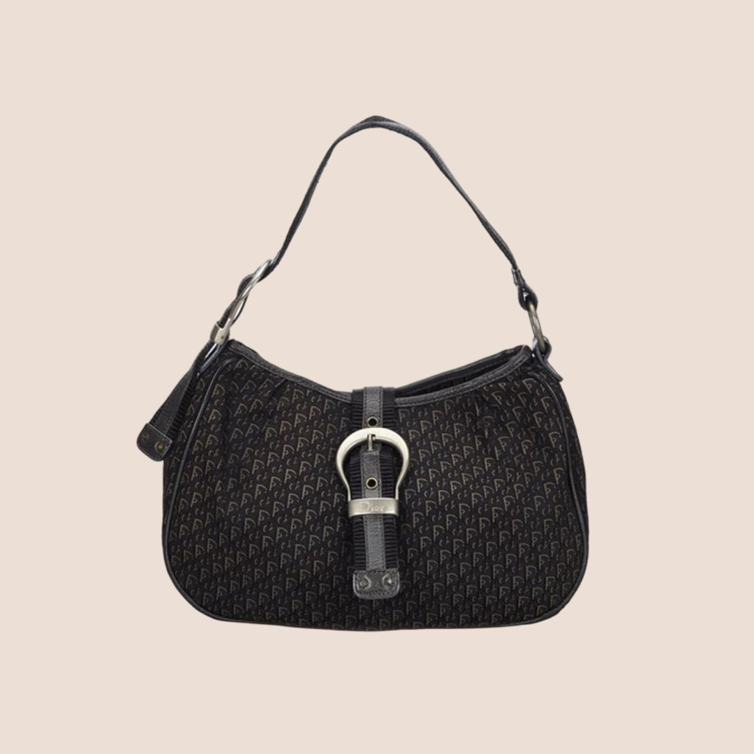 CHRISTIAN D1OR BLACK OBLIQUE BUCKLE HOBO BAG