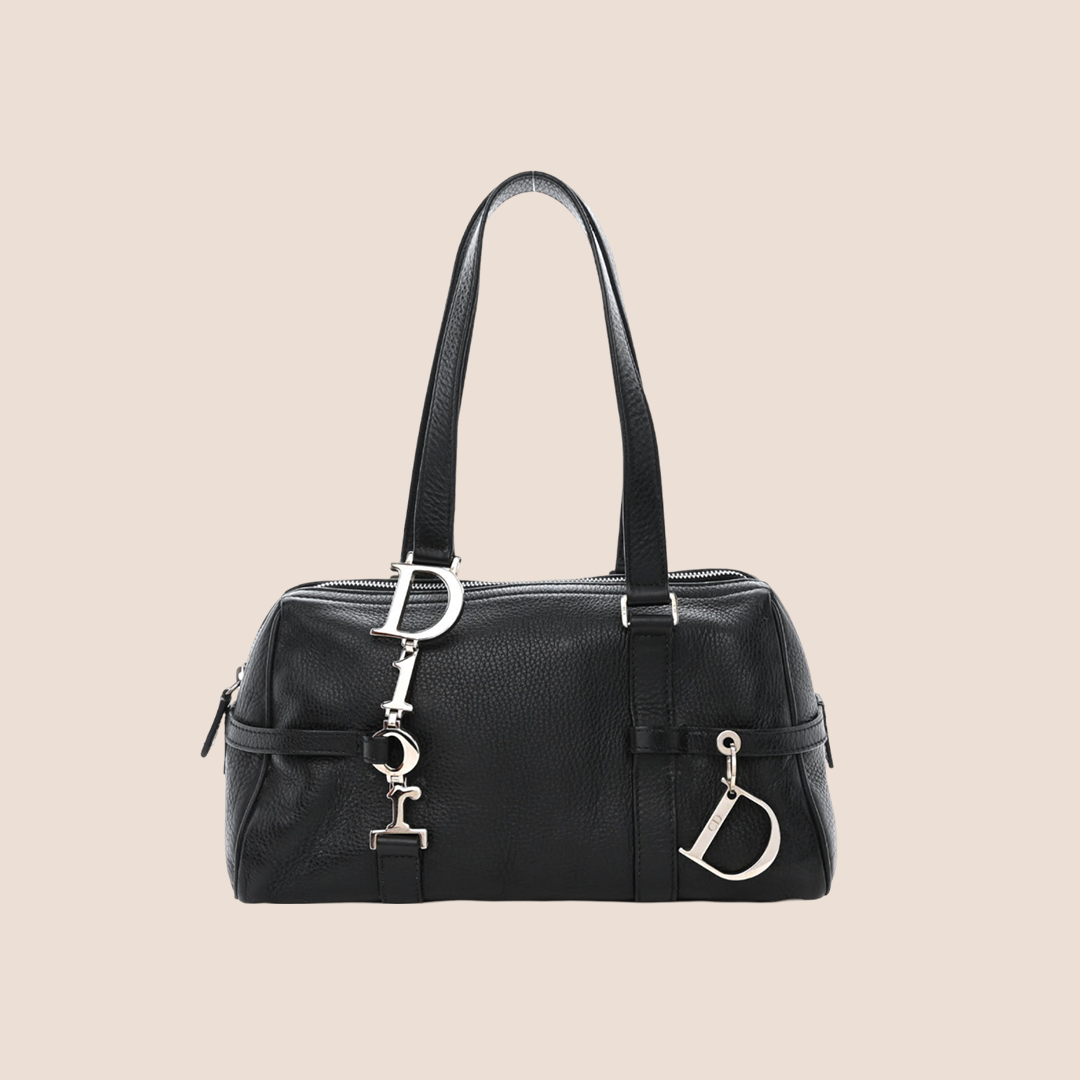 CHRISTIAN D1OR BLACK LEATHER LOGO SPELL OUT CHARM BOSTON BAG