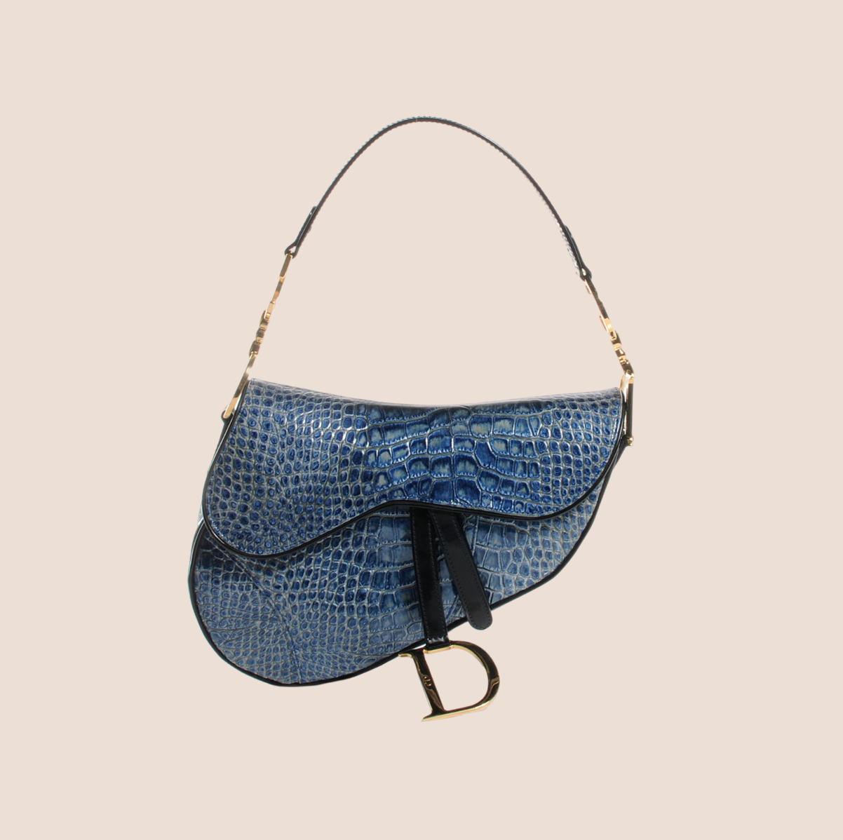 CHRISTIAN D1OR BLUE CALFSKIN CROCODILE EMBOSSED SADDLE BAG