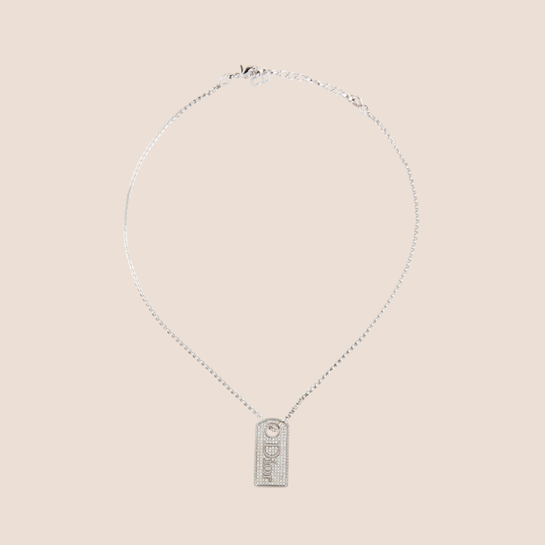 CHRISTIAN D1OR 2000s SILVER RHINESTONE DOG TAG NECKLACE