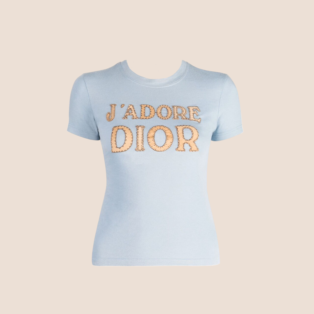 CHRISTIAN D1OR BLUE "J'ADORE D1OR" PATCH LOGO T-SHIRT