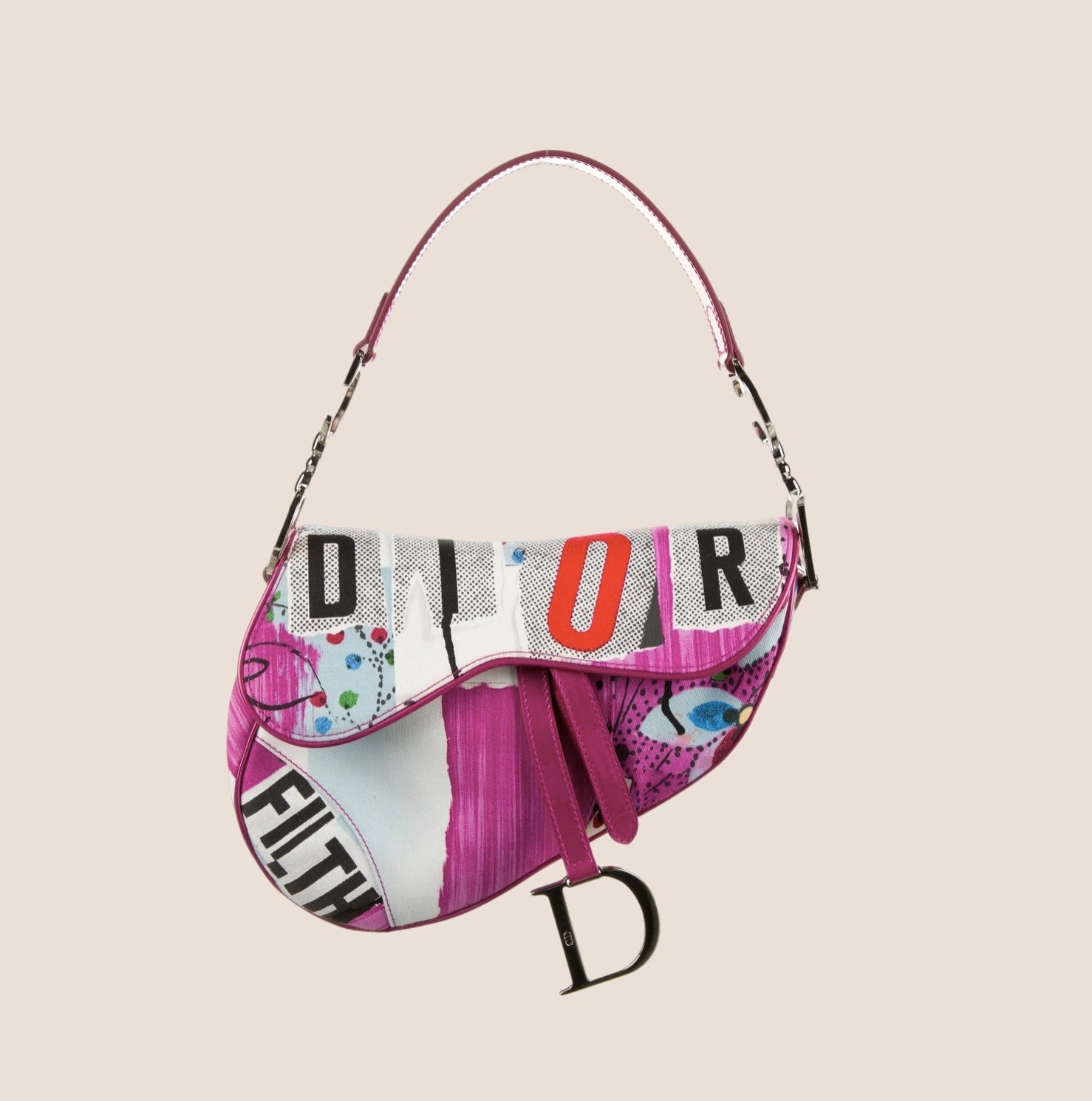 CHRISTIAN D1OR 2003 PINK "FILTH" PRINTED SADDLE BAG