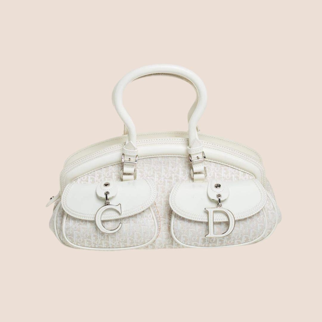CHRISTIAN D1OR 2005 WHITE OBLIQUE CANVAS &amp; LEATHER DETECTIVE BAG