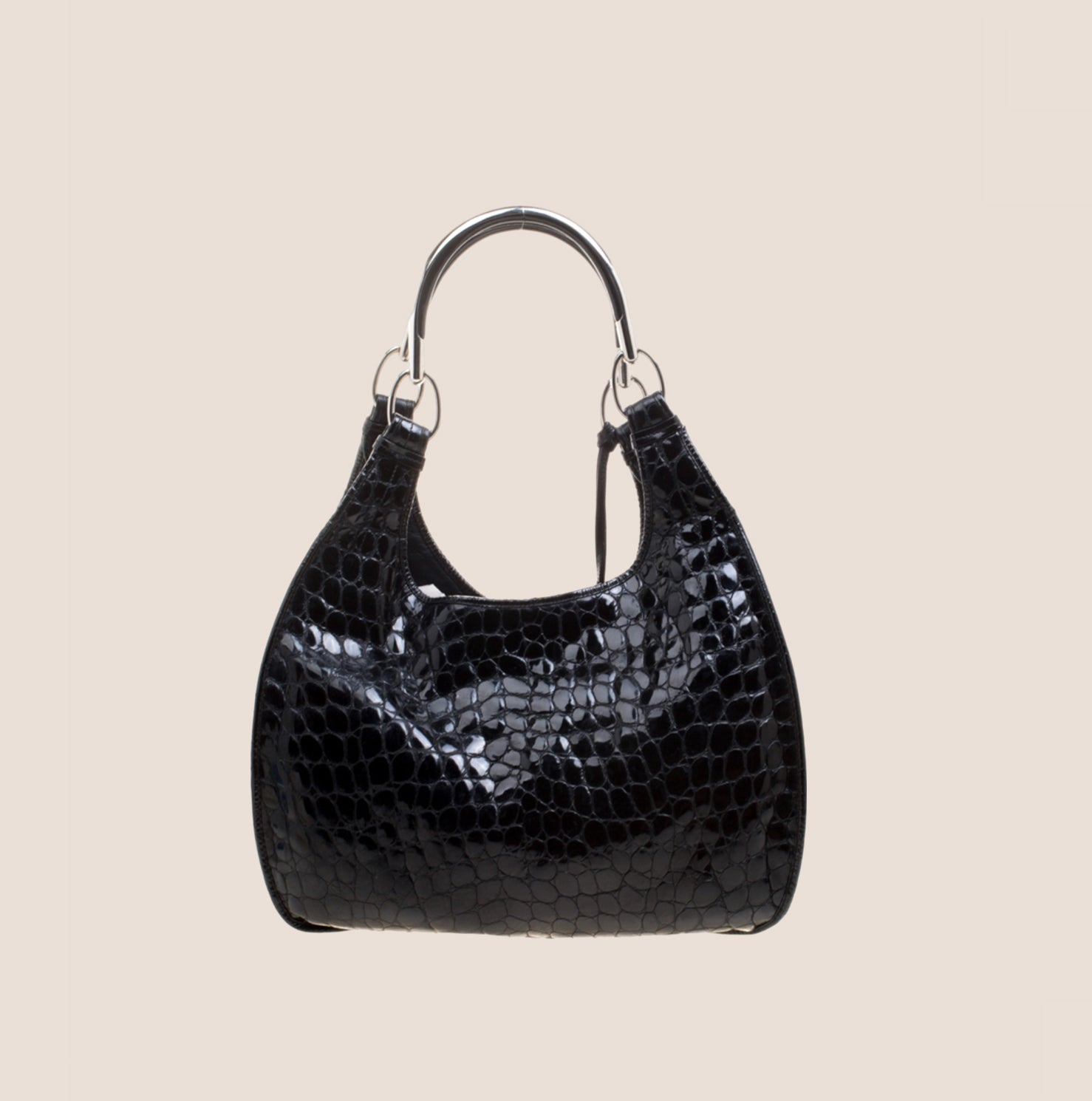 CHRISTIAN D1OR BLACK CROC EMBOSSED PATENT LEATHER TOTE BAG