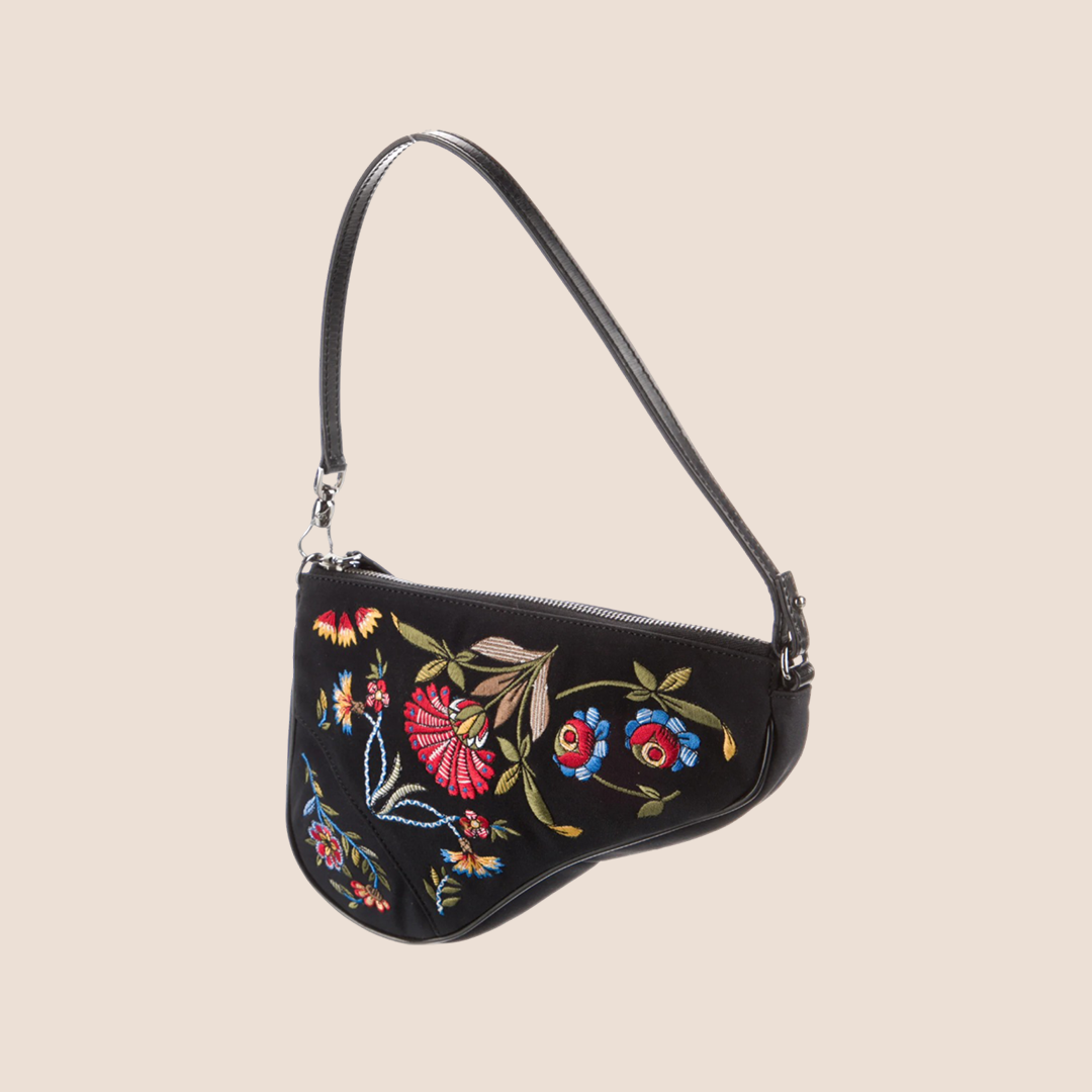 CHRISTIAN D1OR 2002 FLORAL EMBROIDERED BLACK MINI SADDLE BAG