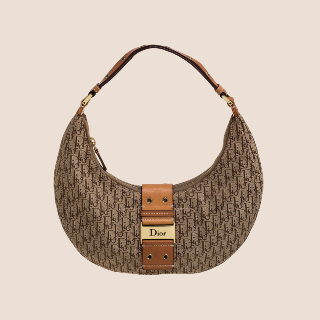 CHRISTIAN D1OR BEIGE &amp; BROWN STREET CHIC HALF MOON BAG