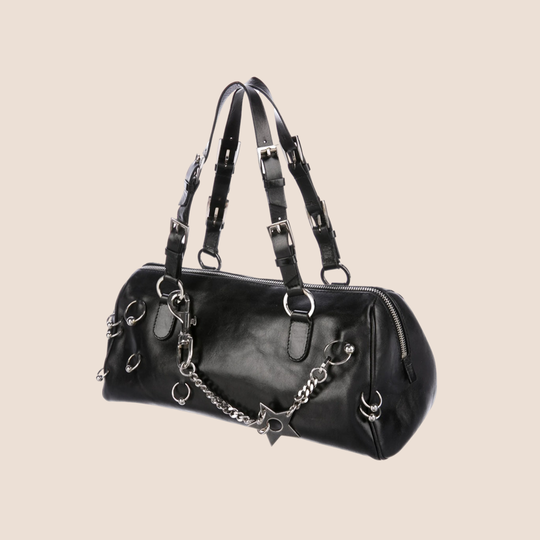 CHRISTIAN D1OR 2004 HARCORE PIERCED BLACK LEATHER BOSTON BAG