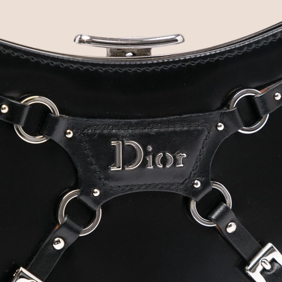 CHRISTIAN D1OR 2003 FALL BLACK LEATHER MINI BONDAGE CLUTCH
