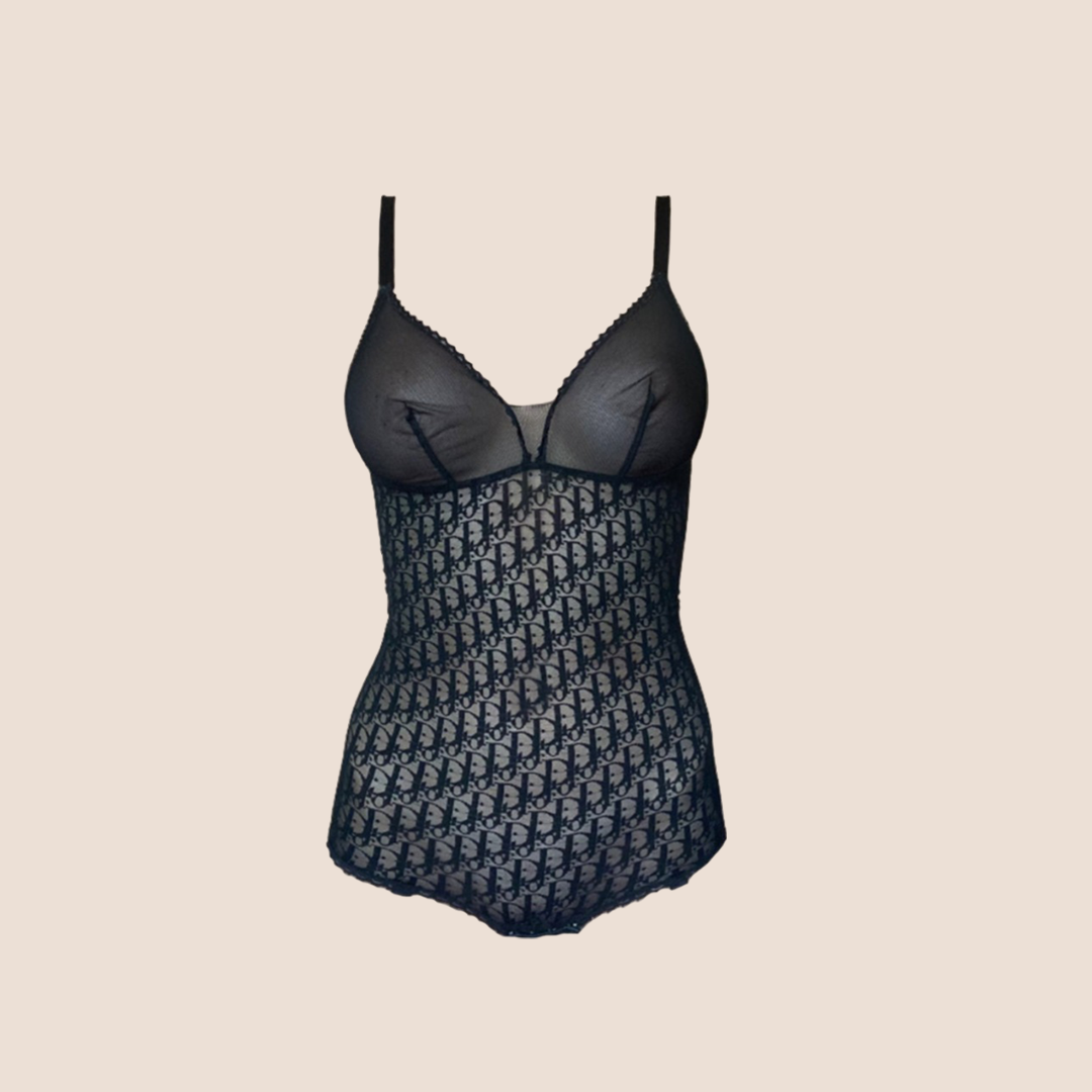 CHRISTIAN D1OR 1990s SHEER BLACK MONOGRAM BODYSUIT
