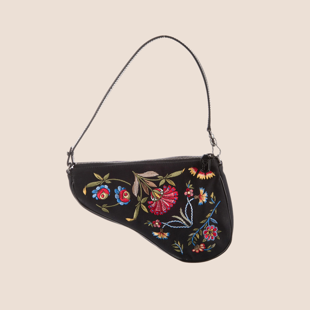 CHRISTIAN D1OR 2002 FLORAL EMBROIDERED BLACK MINI SADDLE BAG