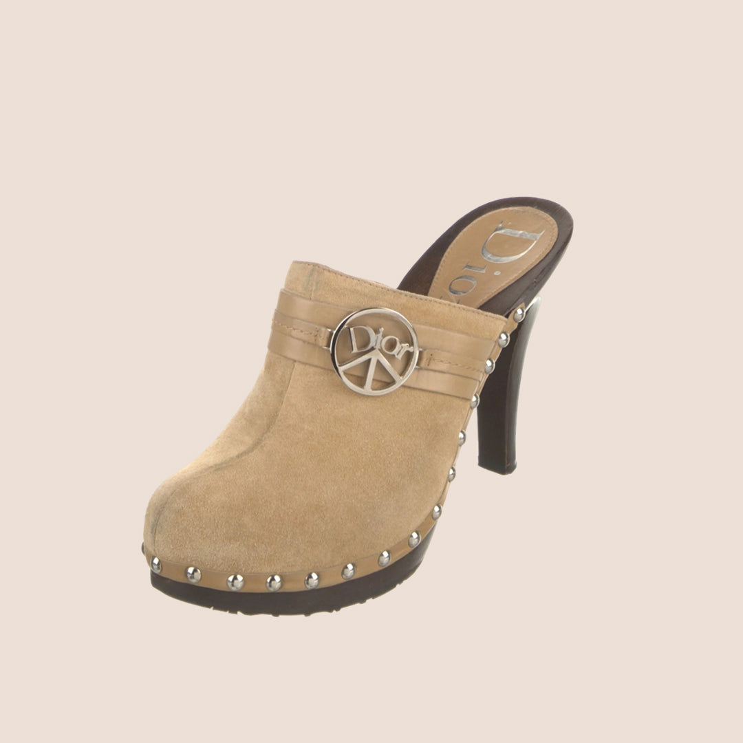 CHRISTIAN D1OR 2005 LIGHT BROWN SUEDE STUDDED CLOGS
