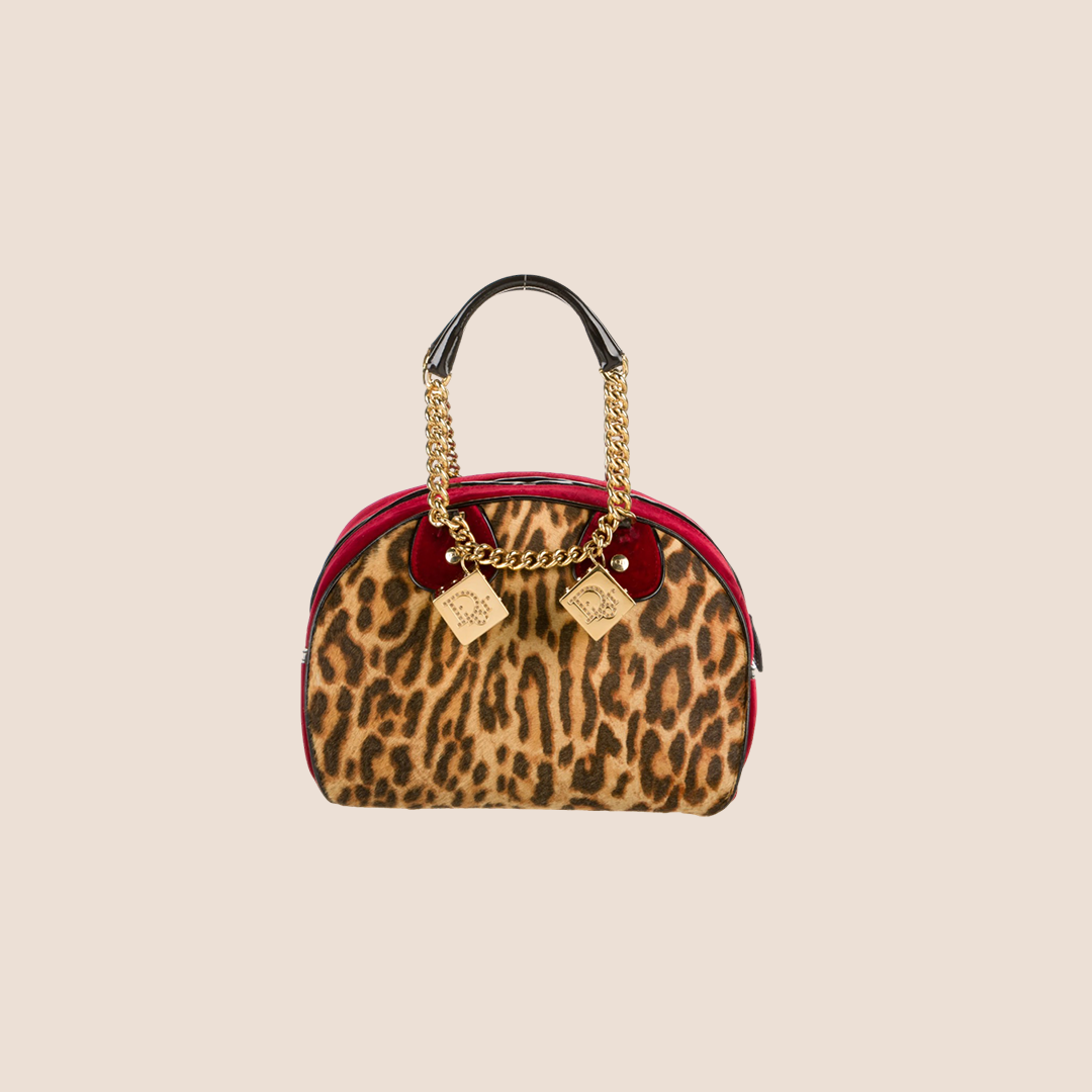 CHRISTIAN D1OR 2004 LEOPARD PRINT PONY HAIR GAMBLER BAG
