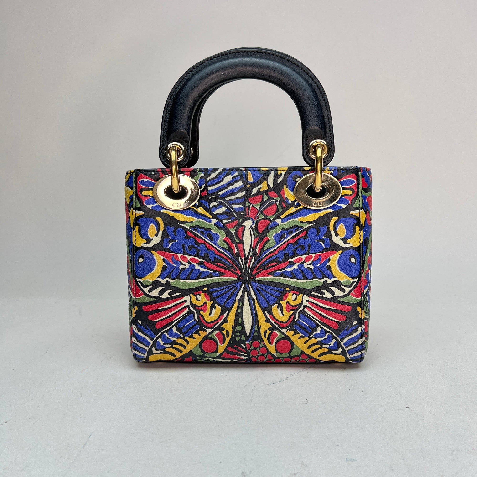 Butterfly Print Lady D1OR mini Multi-colour Top Handle Bag in Calfskin, Gold hardware