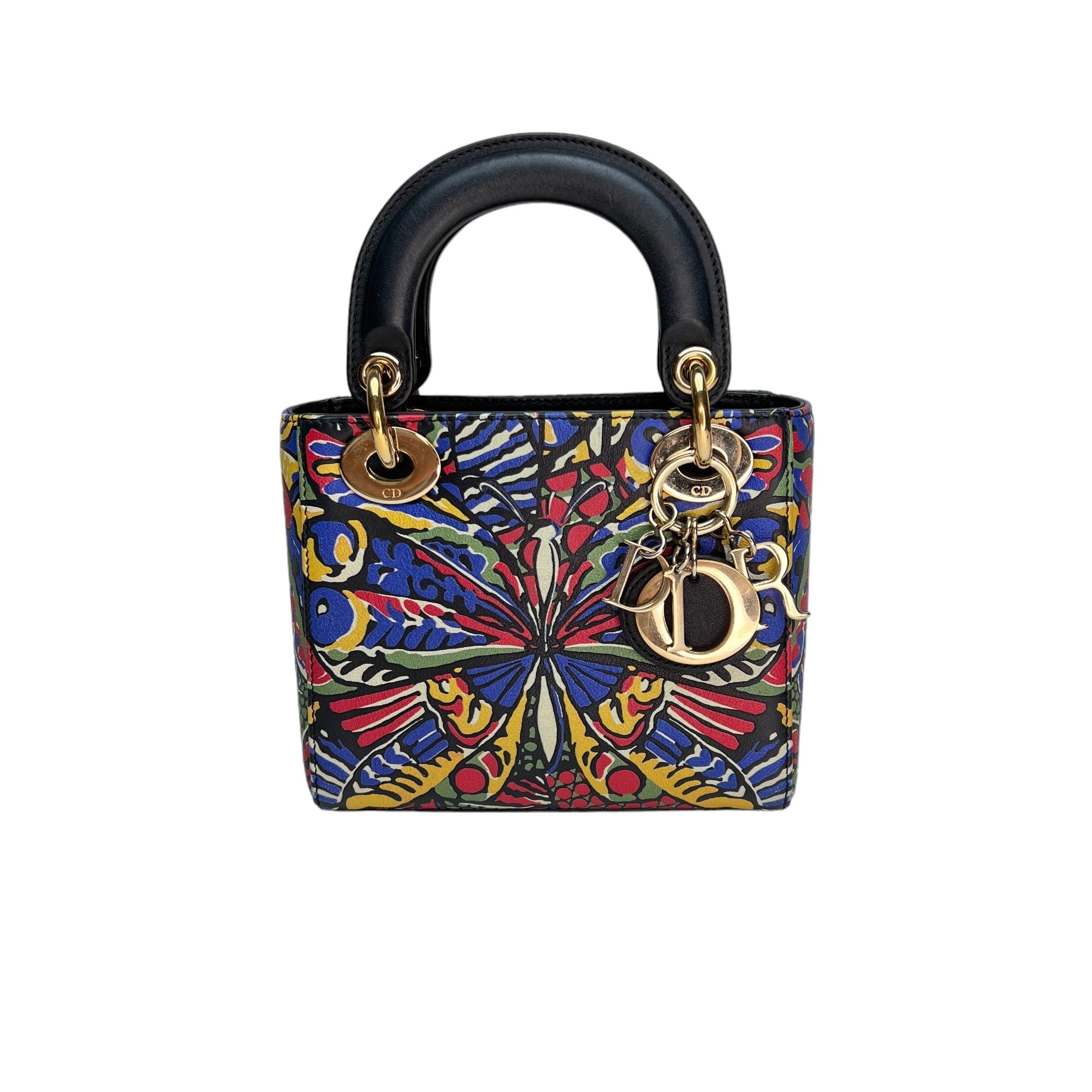 Butterfly Print Lady D1OR mini Multi-colour Top Handle Bag in Calfskin, Gold hardware