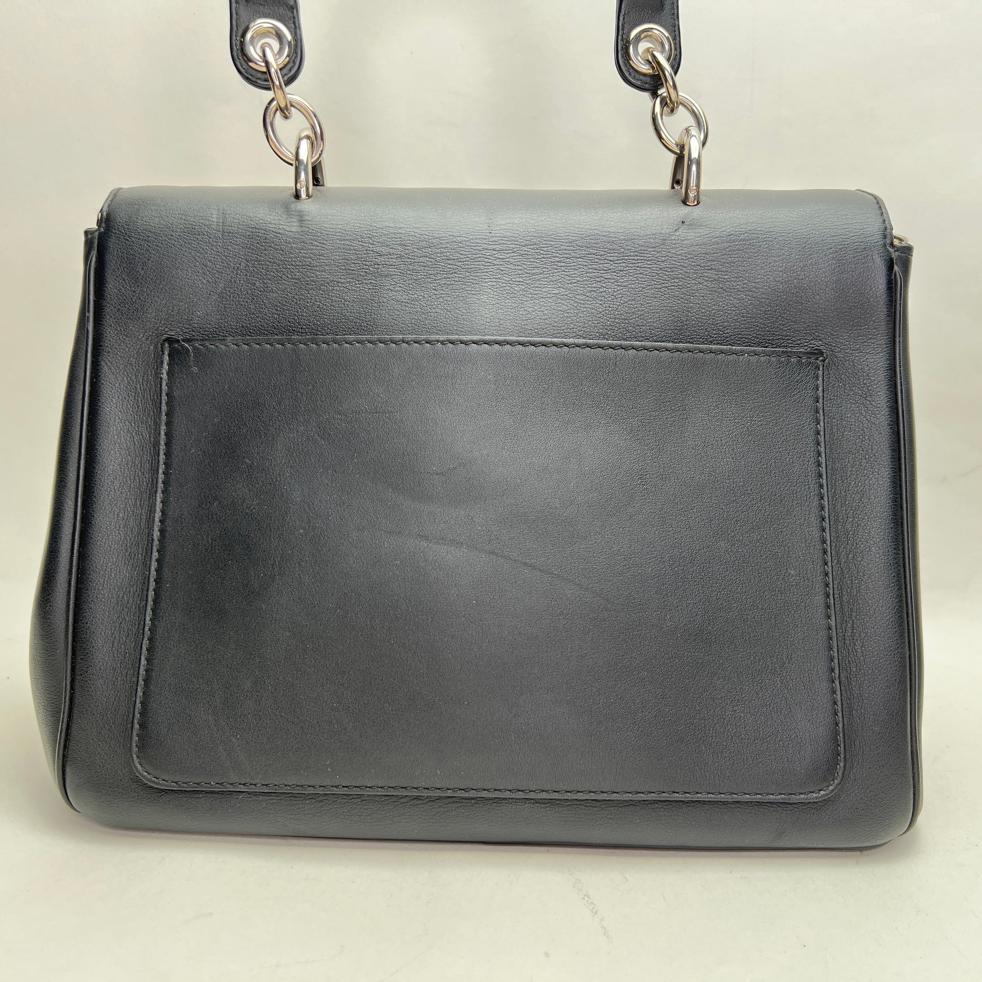 Be D1OR Flap Black Top Handle Bag in Calfskin, Silver hardware