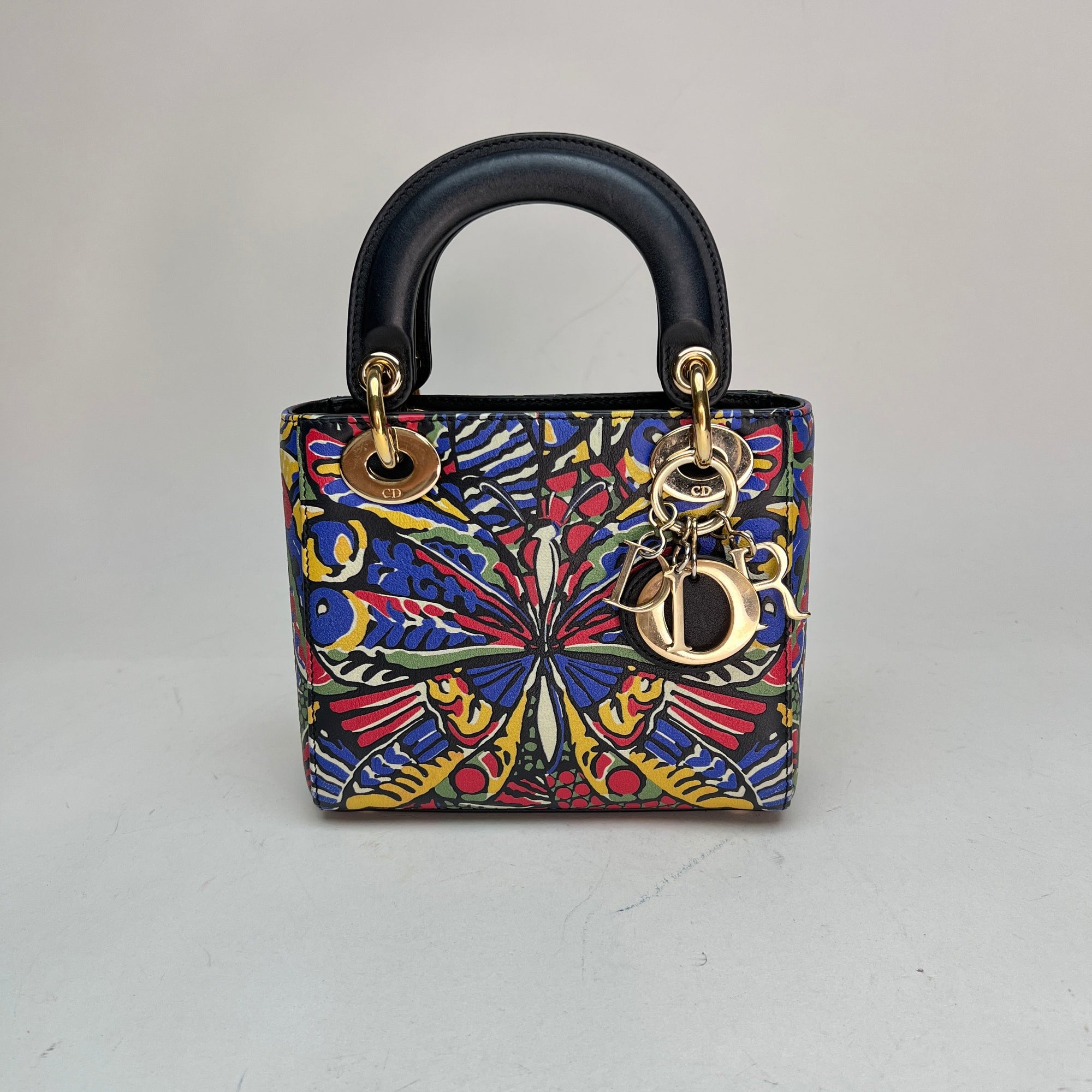 Butterfly Print Lady D1OR mini Multi-colour Top Handle Bag in Calfskin, Gold hardware