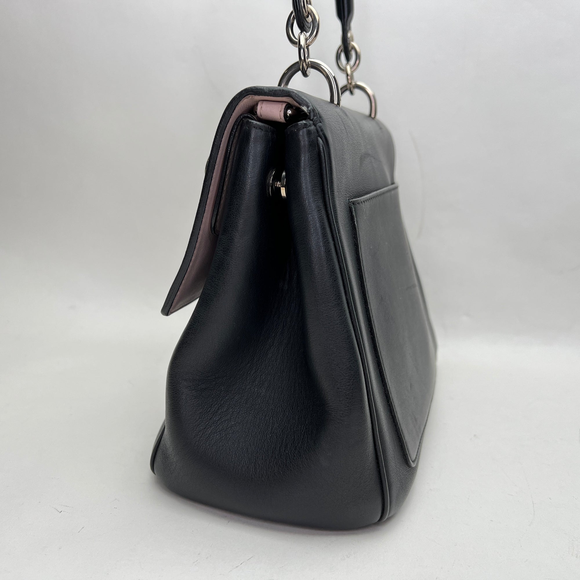 Be D1OR Flap Black Top Handle Bag in Calfskin, Silver hardware