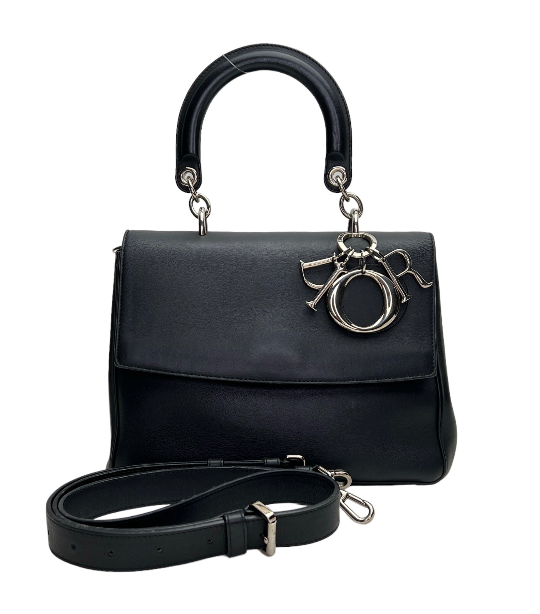 Be D1OR Flap Black Top Handle Bag in Calfskin, Silver hardware