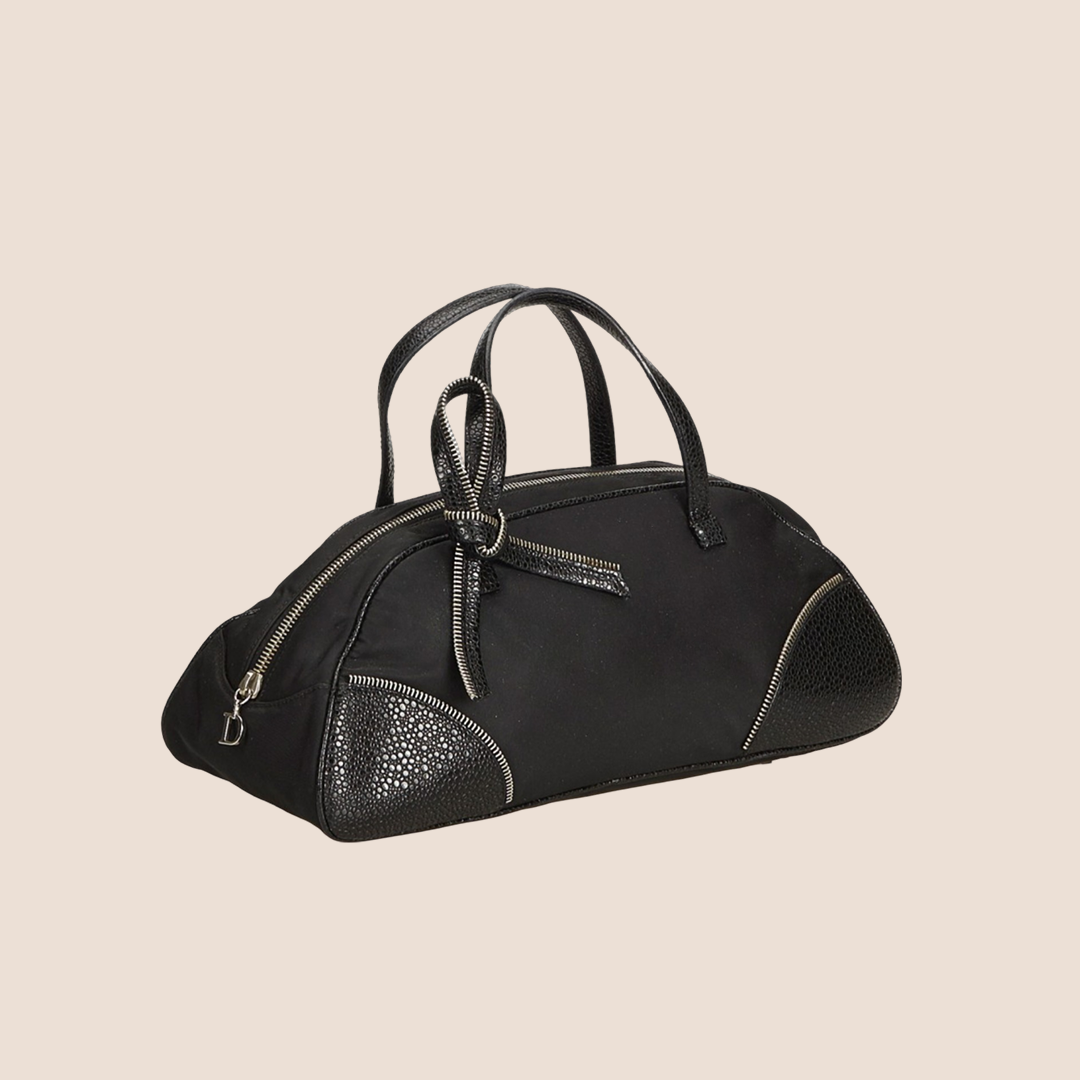 CHRISTIAN D1OR BLACK NYLON ZIPPER BOW DETAIL HANDBAG