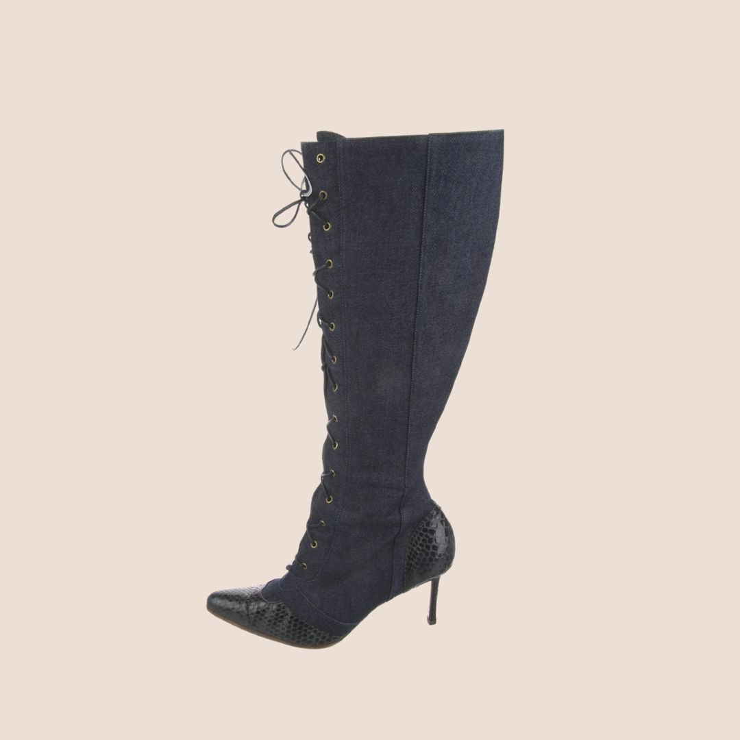 CHRISTIAN D1OR 2000 BLUE DENIM LACE UP BOOTS