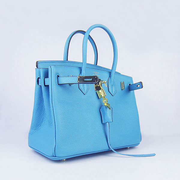HMS Birkin 30cm Togo Leather Handbags Light Blue Golden