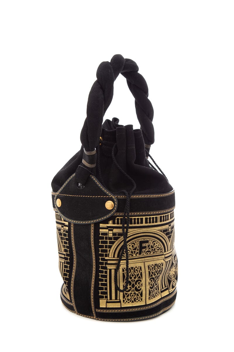 FNDI Black &amp; Gold Baroque Suede Palazzo Bucket Bag
