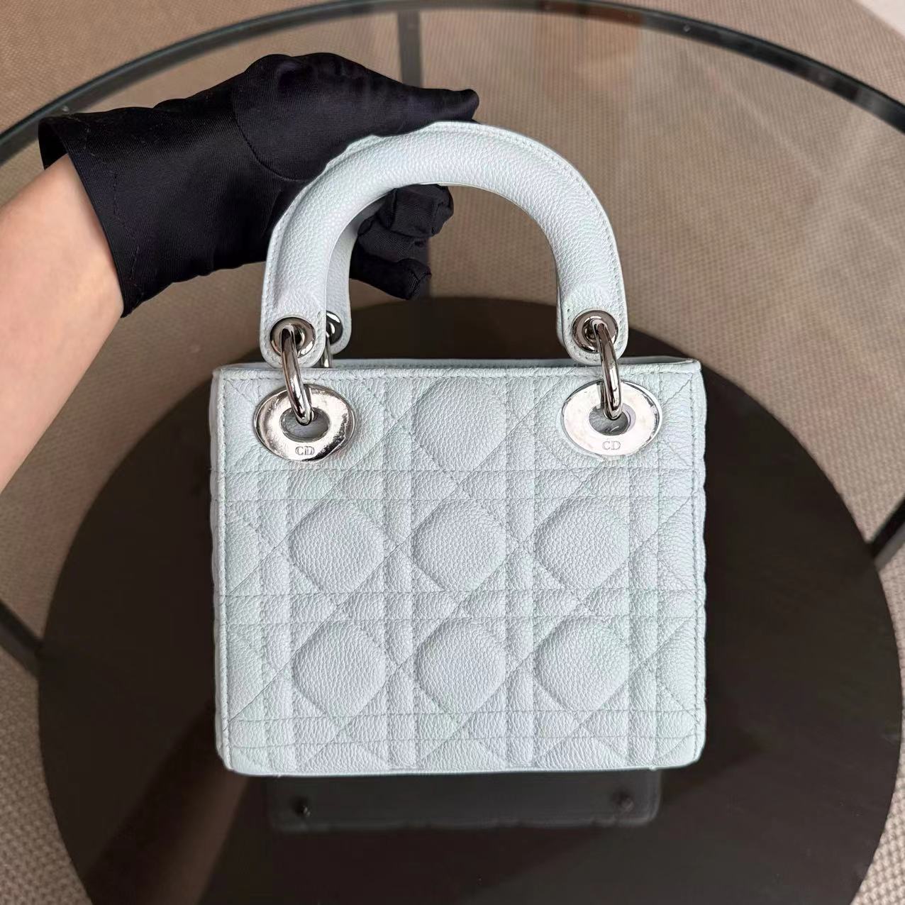 *Rare Caviar* D1OR Lady Mini - Cannage Grained Calfskin Glacier White Ice Blue Silver Hardware Adjustable Strap